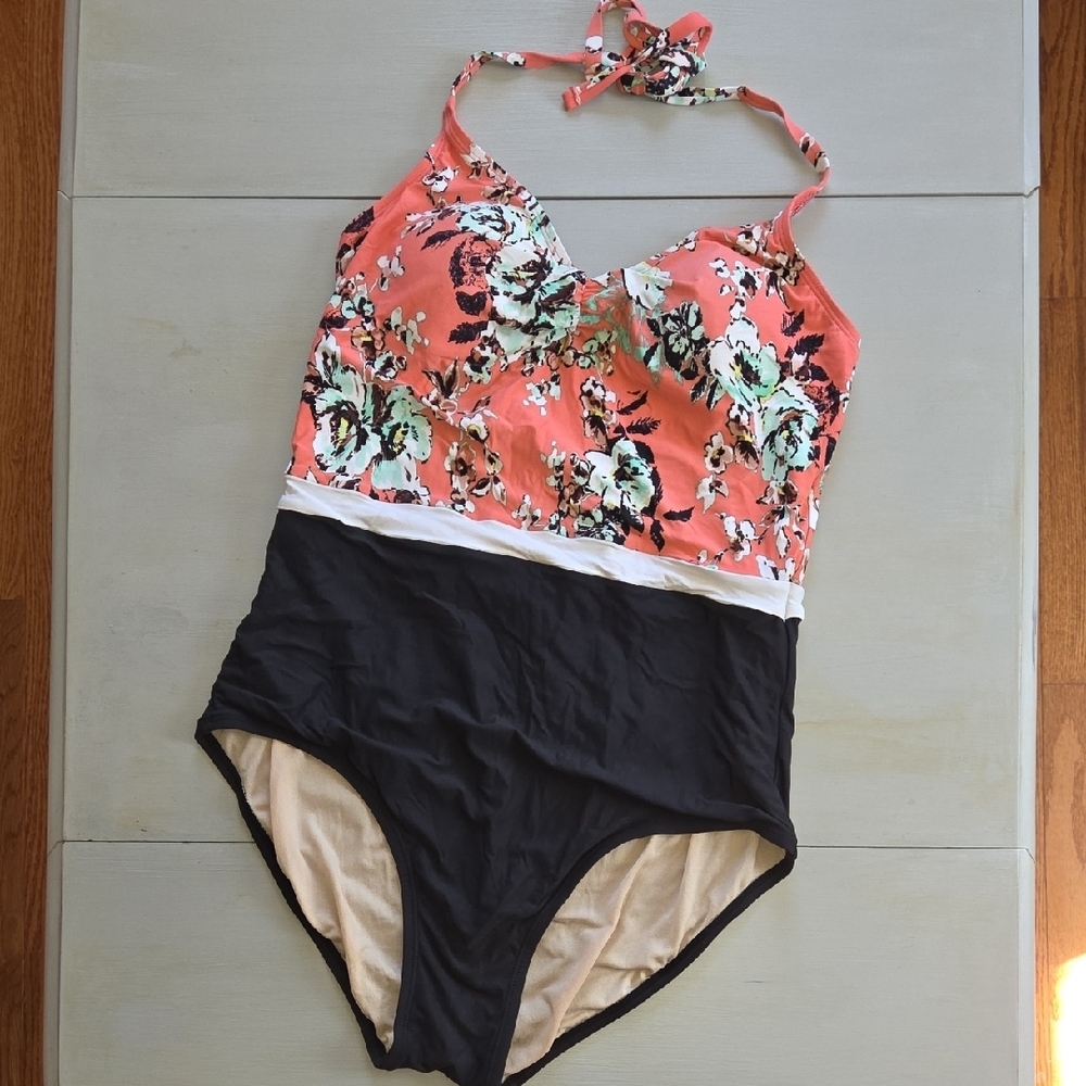 Pink and Black Floral One Piece Swimsuit with Halter Neck